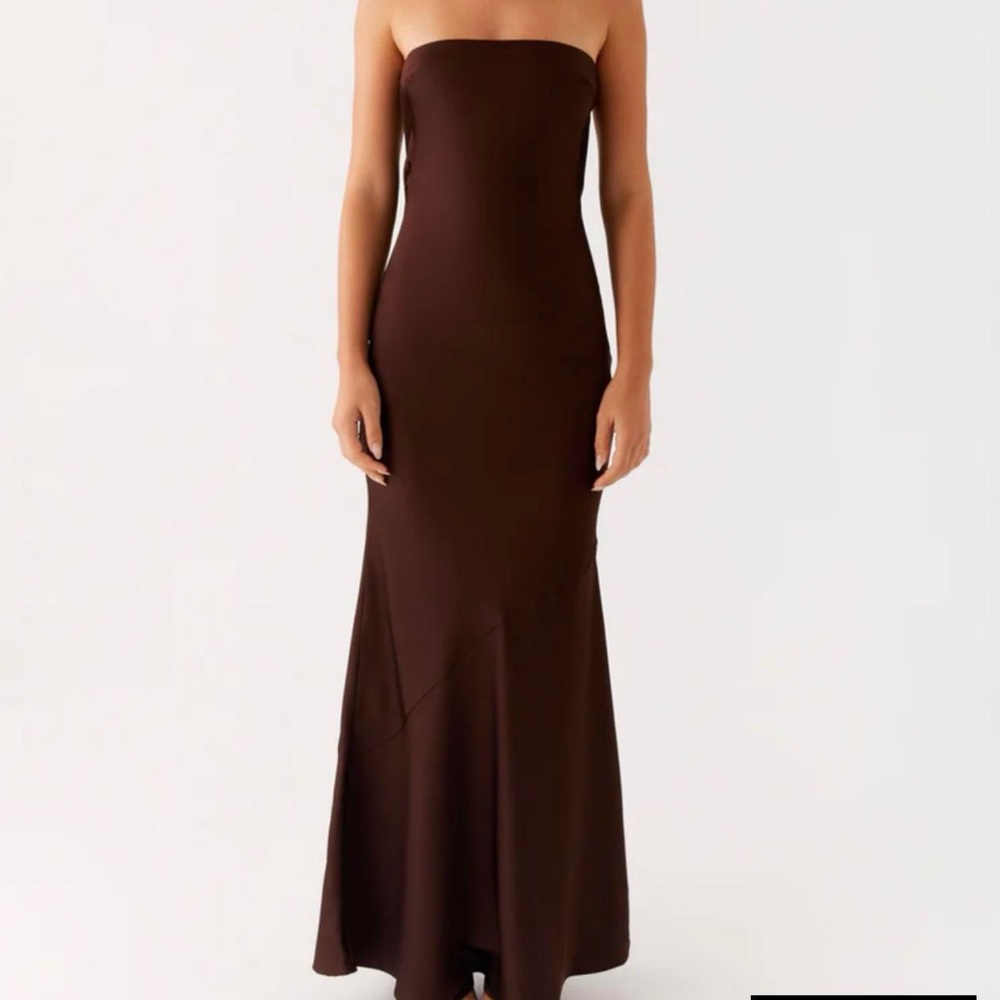 Peppermayo Brown Satin Maxi Dress Strapless